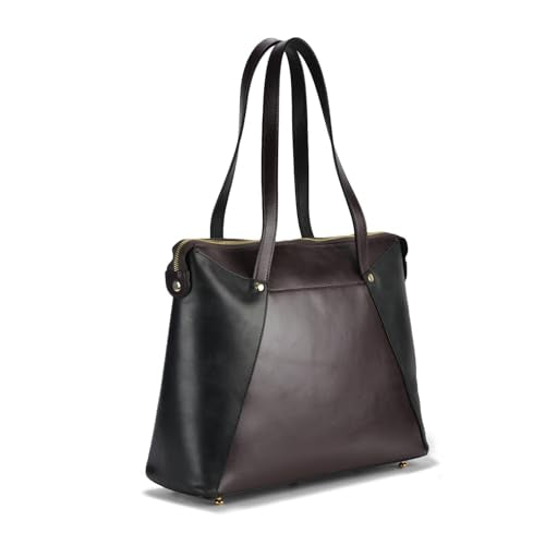 Leather Tote Handbag – Two-Tone Black & Brown, Double Handles, Zip Closure – Stylish & Spacious Shoulder Bag