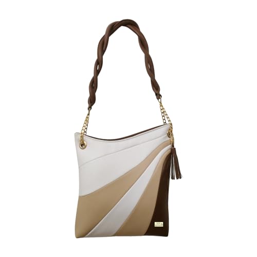 Striped Faux Leather Handbag with Tassel