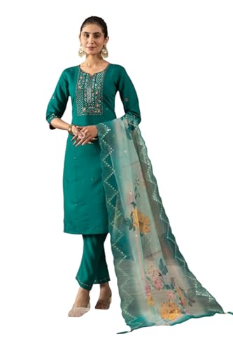 Multi Thread Embroidered Hand Work Women's Designer Kurti and Pant Dupatta Set