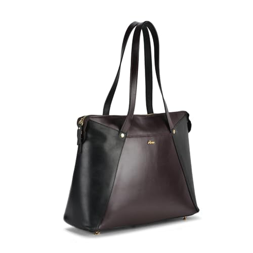 Leather Tote Handbag – Two-Tone Black & Brown, Double Handles, Zip Closure – Stylish & Spacious Shoulder Bag