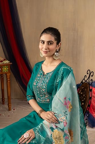 Multi Thread Embroidered Hand Work Women's Designer Kurti and Pant Dupatta Set