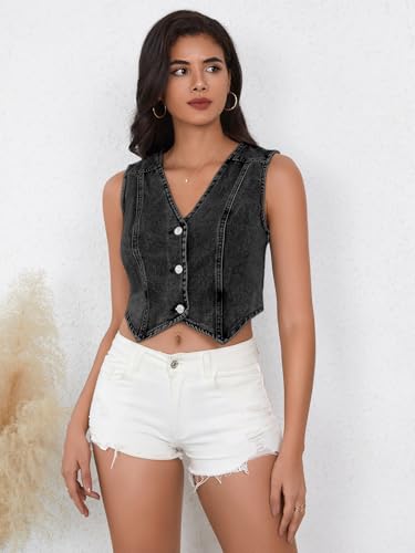 Denim Vest Button Down Sleeveless Jean Vest Top Cropped Denim Jacket Country Fashion Western Clothes