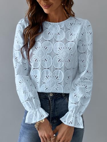 Women Eyelet Long Sleeve Tops Shirts Dressy Hollow Out Crochet Lace Embroidered