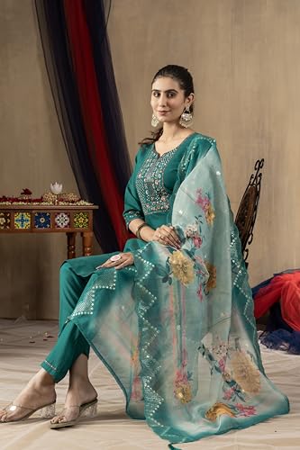Multi Thread Embroidered Hand Work Women's Designer Kurti and Pant Dupatta Set