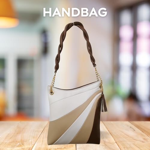 Striped Faux Leather Handbag with Tassel