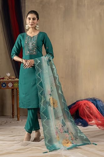 Multi Thread Embroidered Hand Work Women's Designer Kurti and Pant Dupatta Set