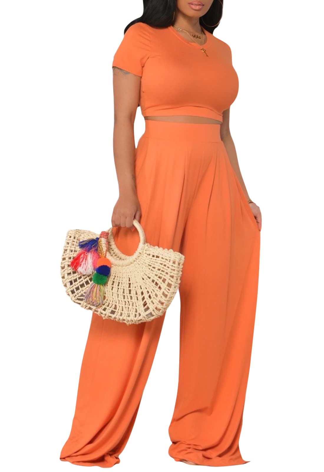 Casual Summer 2 Piece Outfits Short Sleeve Crop Top Wide Leg Pants Set Jumpsuits