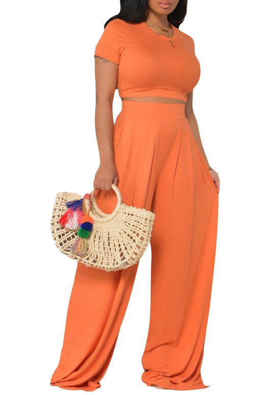 Casual Summer 2 Piece Outfits Short Sleeve Crop Top Wide Leg Pants Set Jumpsuits