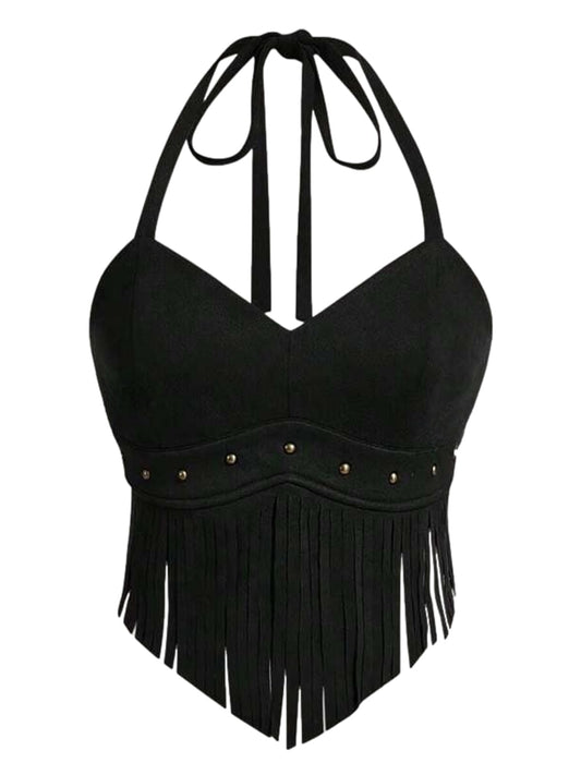 Fringe Western Rodeo Cowgirl Shirts 70s Hippie Tops with Tassel black color