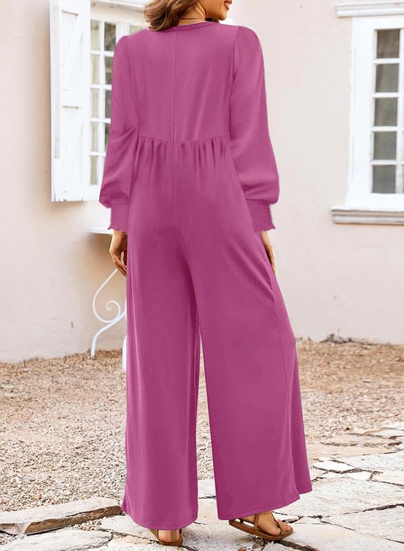 V-Neck Buttons Long Sleeve High Waist Wide Leg Jumpsuits Loose Long Pants Rompers with Pockets Rose Large