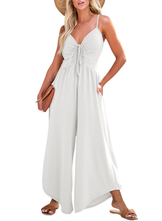 V-Neck Spaghetti Straps Fashion Ruched Drawstring Smocked Wide Leg Rompers