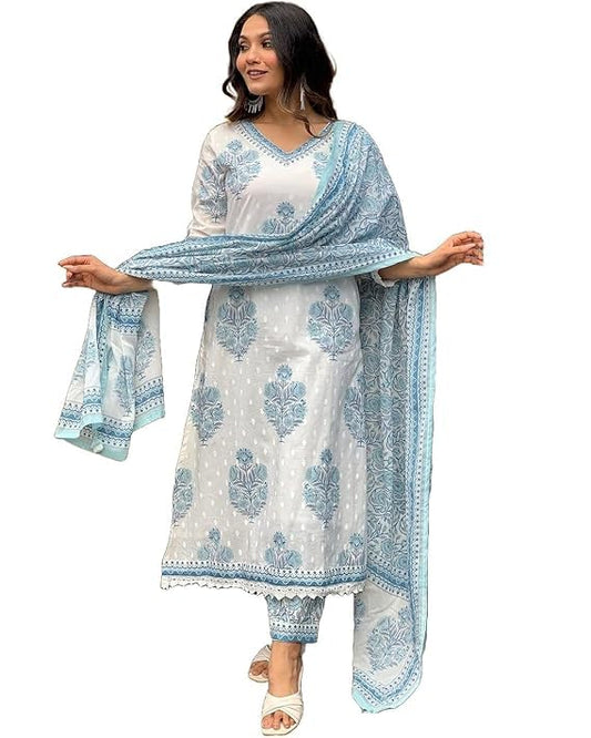 Cotton Indigo Hand Block Printed Kurta Pant With Dupatta
