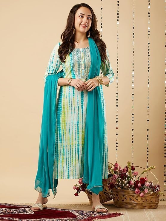 Straight Tie and Diy printed Women Kurta with Pant & Dupatta