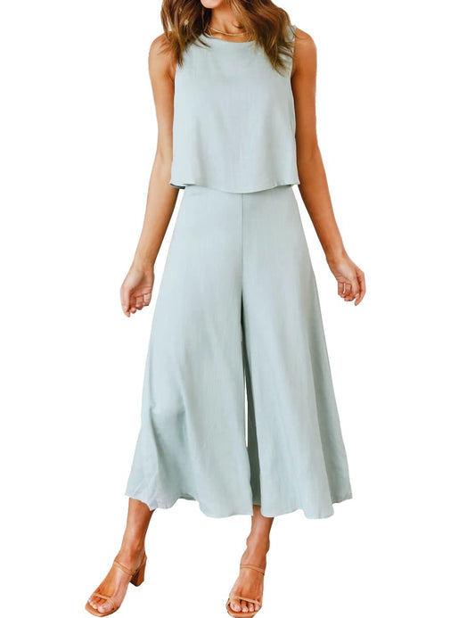 2 Piece Outfits Round neck Crop Basic Top Cropped Wide Leg pants Set Jumpsuits