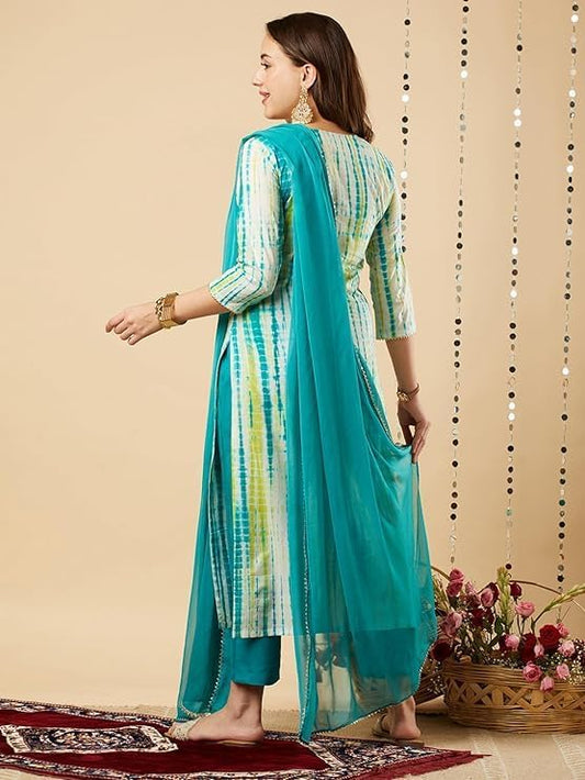 Straight Tie and Diy printed Women Kurta with Pant & Dupatta