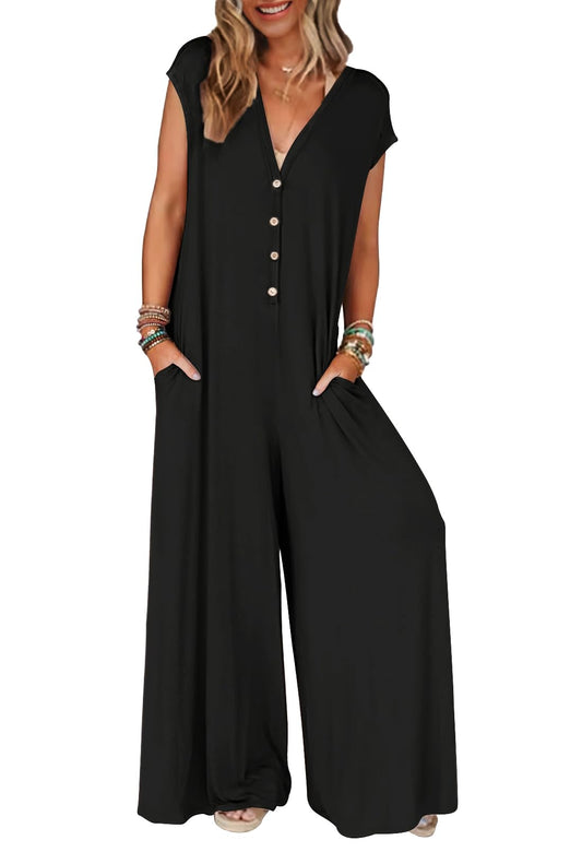 Sleeve Jumpsuits Deep V Neck Button Onesie Wide Leg Pants