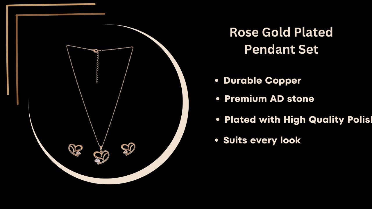 Stylish 18k Rose Gold Plated American Diamond Chain Pendent Necklace & Earrings Set for Women & Girls, Luxury AD Pendant Gift Set for Women, Girls & Her