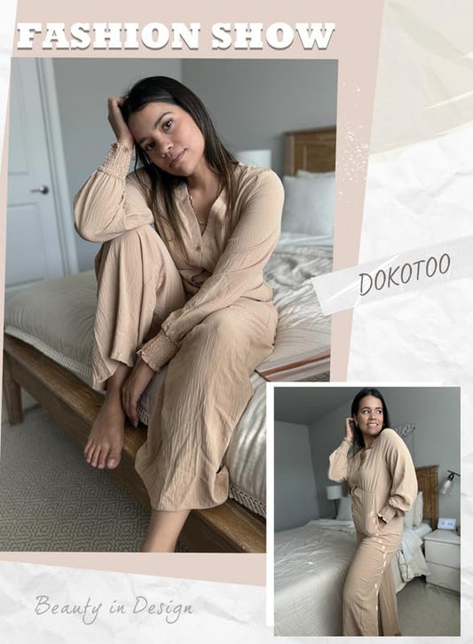 V-Neck Buttons Long Sleeve High Waist Wide Leg Jumpsuits Loose Long Pants Rompers with Pockets Rose Large