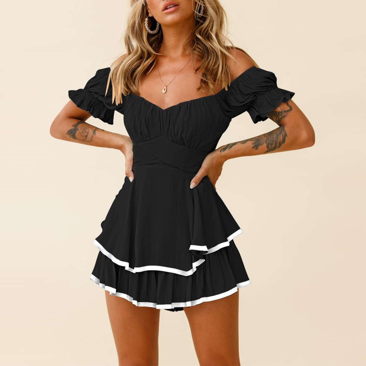 Womens Summer Tube Top Dress Off-Shoulder Ruffled Flowy Mini Short Dresses
