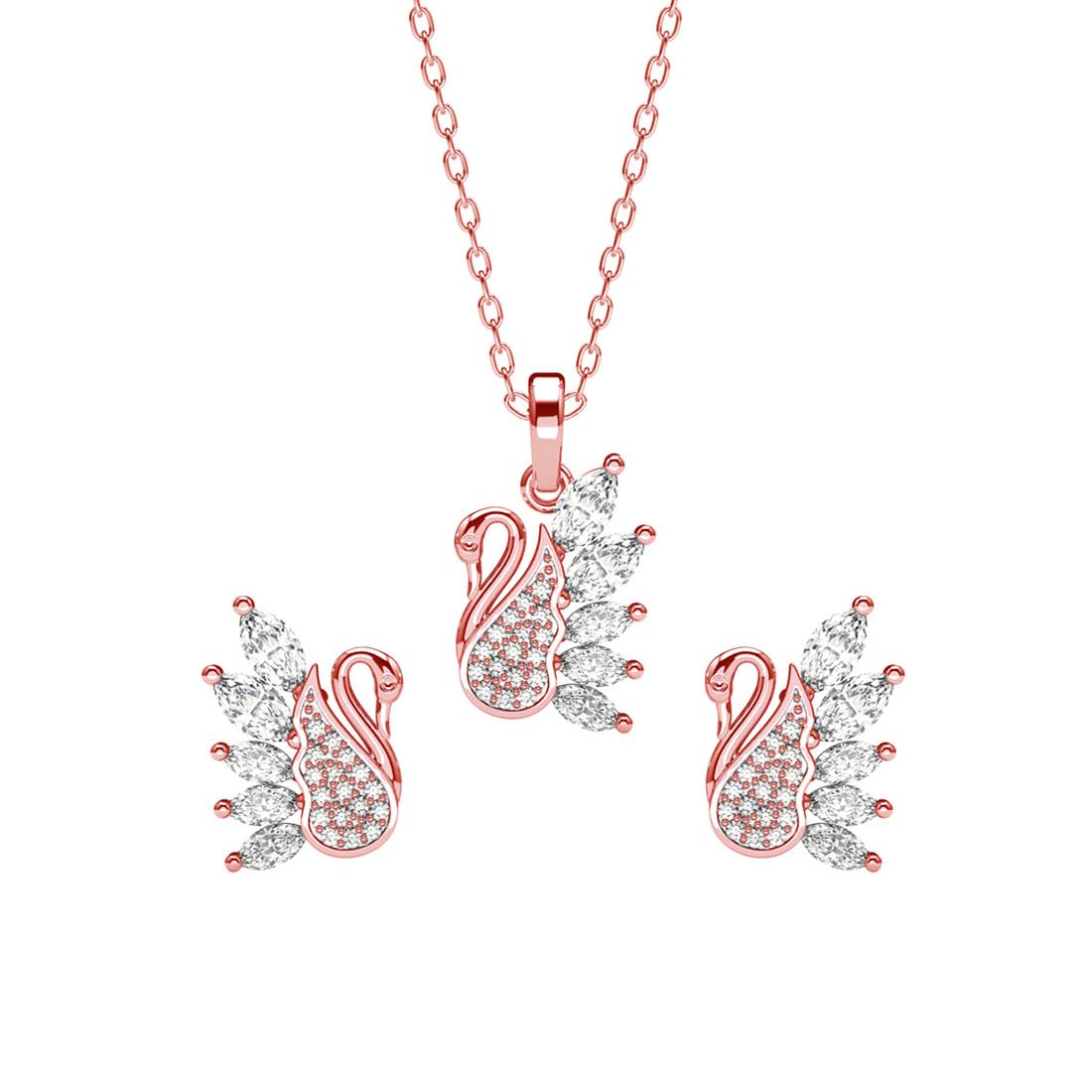 Sterling Silver Dancing Swan Pendant Earrings Chain Necklace Jewellery Set | Rose Gold Plated, Swiss Zirconia