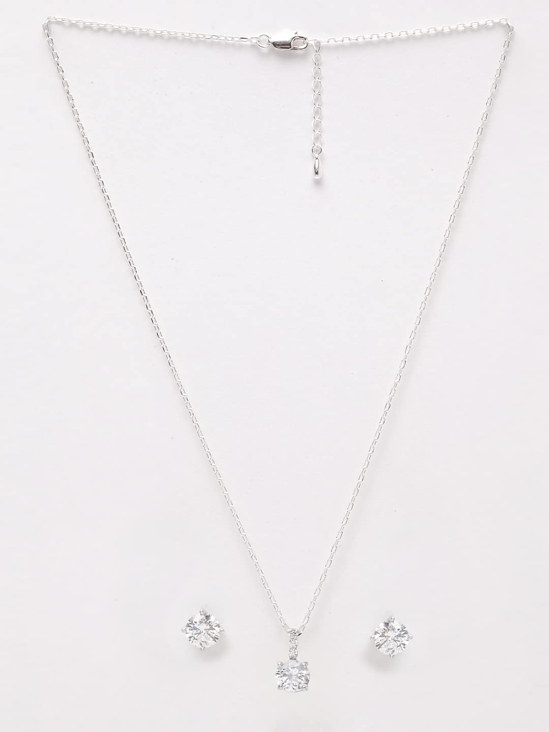 Sterling Silver Round Solitaire Pendant Earring Chain Jewellery Set | Rhodium Plated, Swiss Zirconia