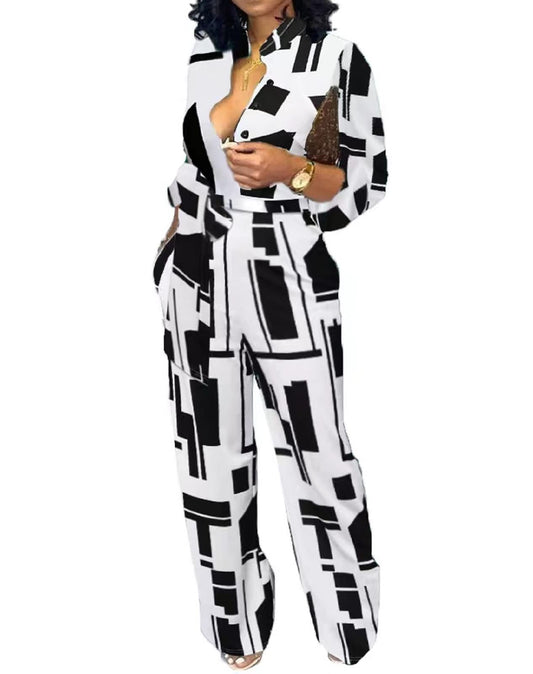 Jumpsuit Elegant Long Sleeve Sexy V Neck Casual Long Wide Leg Pants Button Front Self Tie Romper with Belt