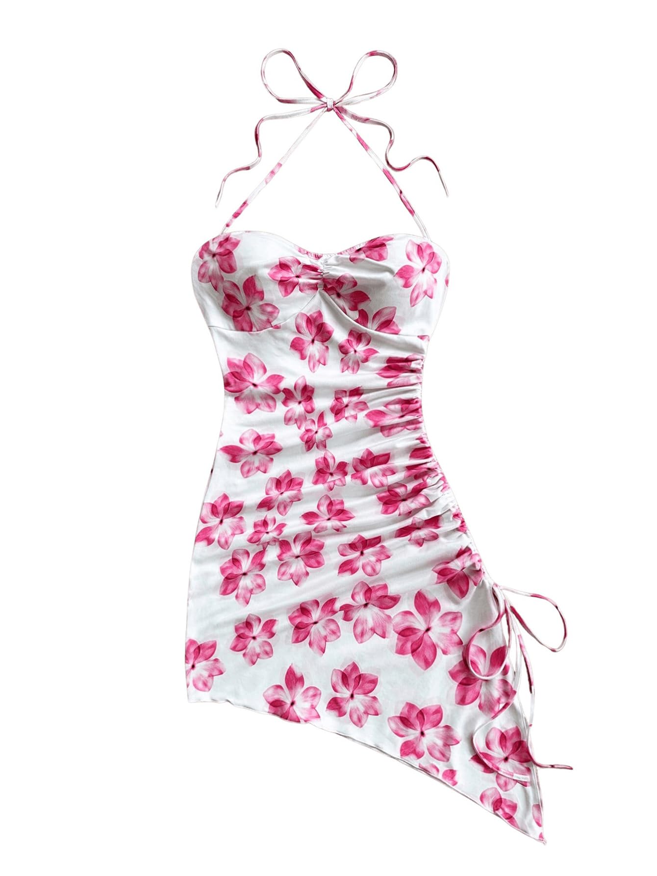 Floral Print Halter Dress Sleeveless Drawstring Asymmetrical Hem Bodycon Dress