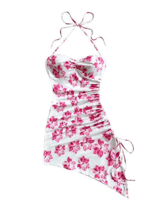 Floral Print Halter Dress Sleeveless Drawstring Asymmetrical Hem Bodycon Dress