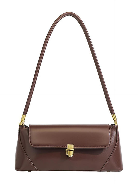 Leather Shoulder Bag for Women | Stylish Retro Brown Underarm Purse with Gold Hardware & Durable Strap | Elegant Baguette Handbag