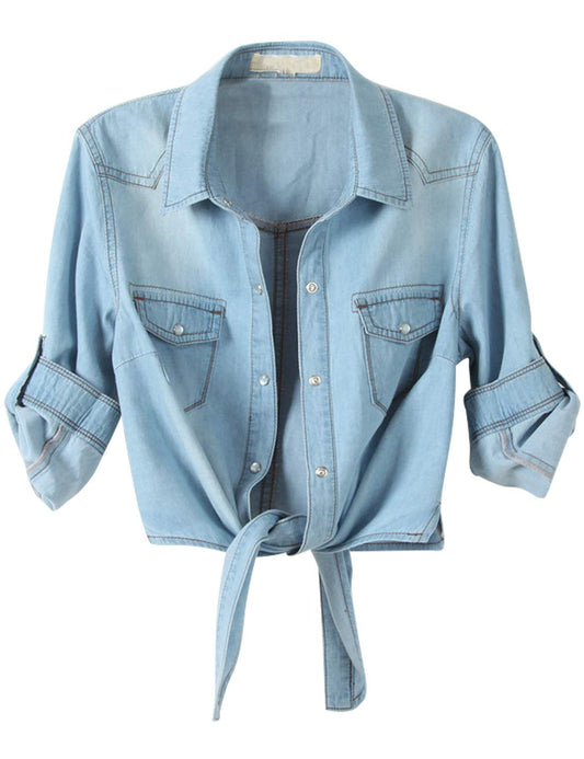 Women's 3/4 Sleeve Denim Crop Top Tie Knot Shirt Cardigan