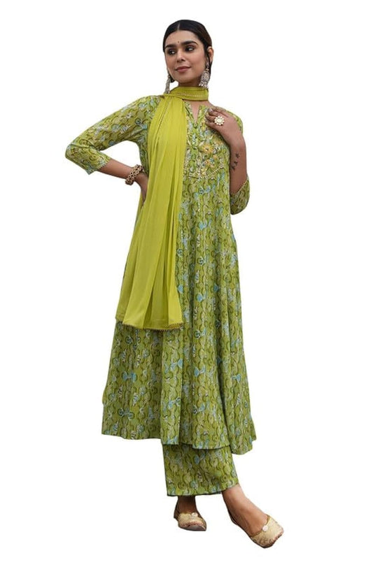 Green Flowy Anarkali Embroidered Kurti Top Tunic Kurta Set with Dupatta