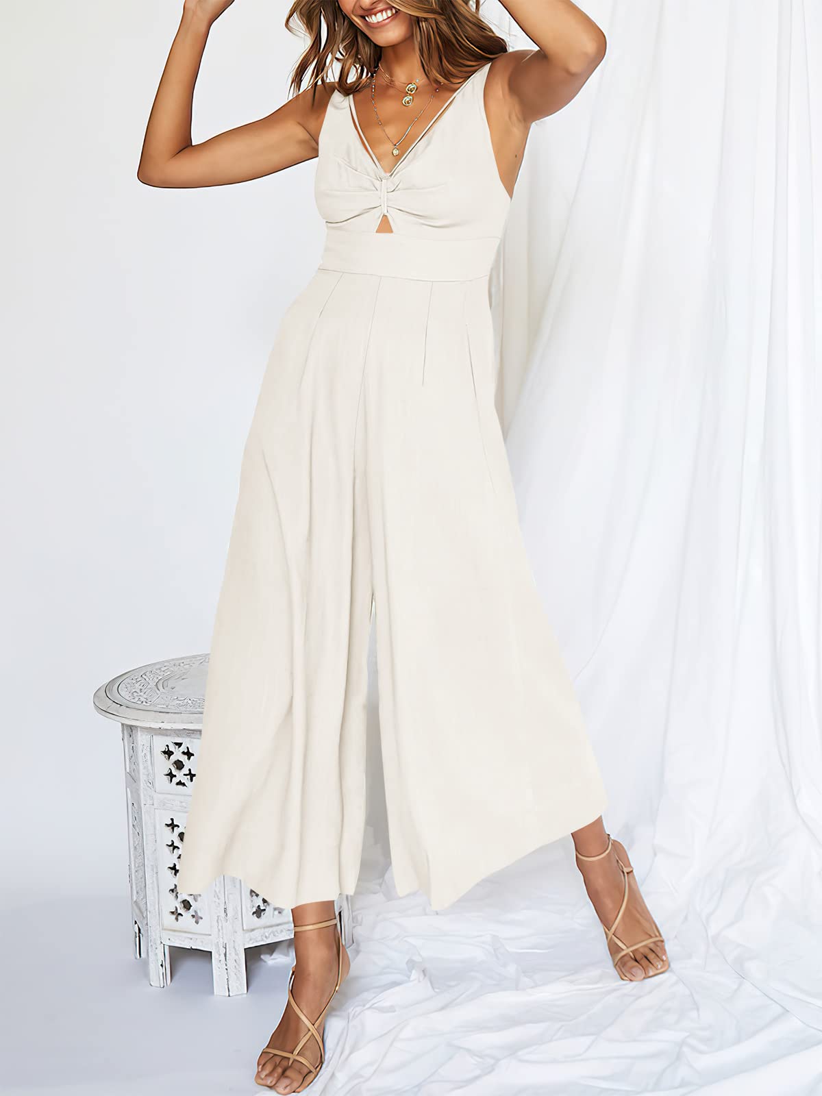 Wide Leg Sleeveless V Neck Casual Dressy Linen Pants