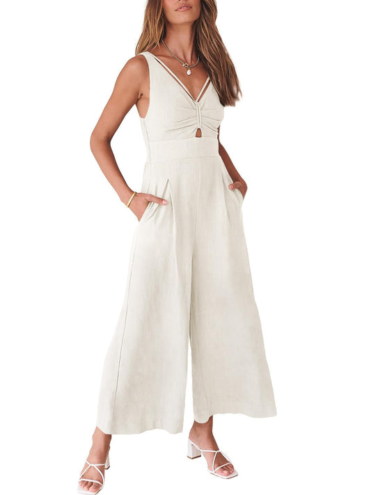 Wide Leg Sleeveless V Neck Casual Dressy Linen Pants