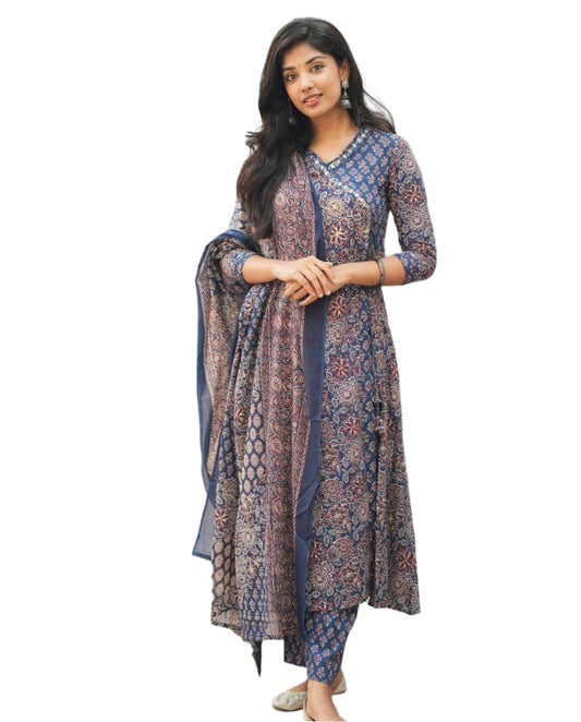 Blue Cotton Printed V-Neck Anarkali Kurti Pant Set with Dupatta