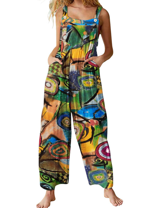 Casual Loose Bib Pants Floral Wide Leg Jumpsuits with Pockets