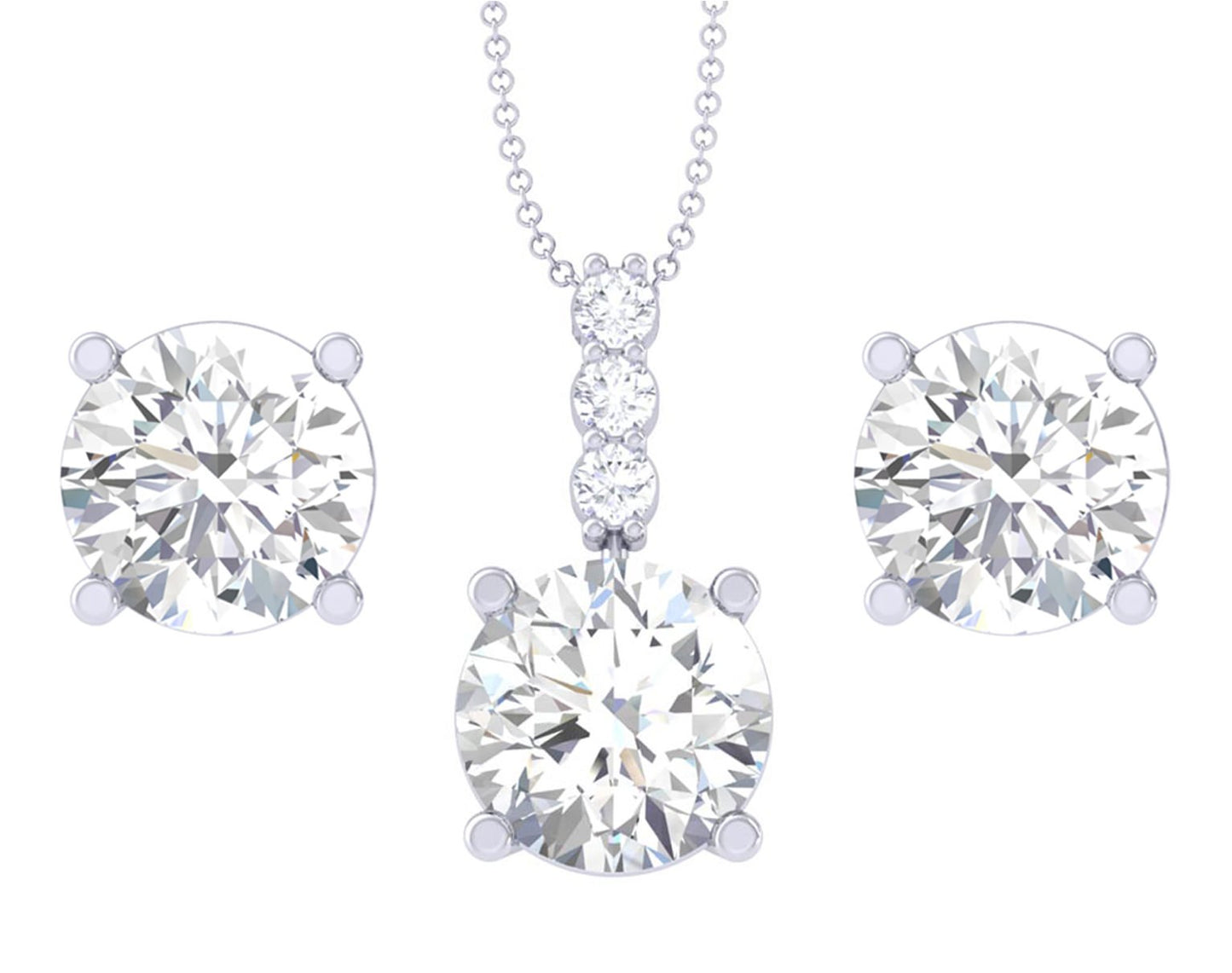 Sterling Silver Round Solitaire Pendant Earring Chain Jewellery Set | Rhodium Plated, Swiss Zirconia