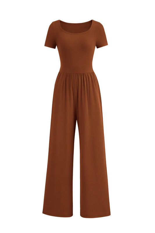 Dressy Casual Short Sleeve Square Neck Wide Leg Jumpsuit Rompers