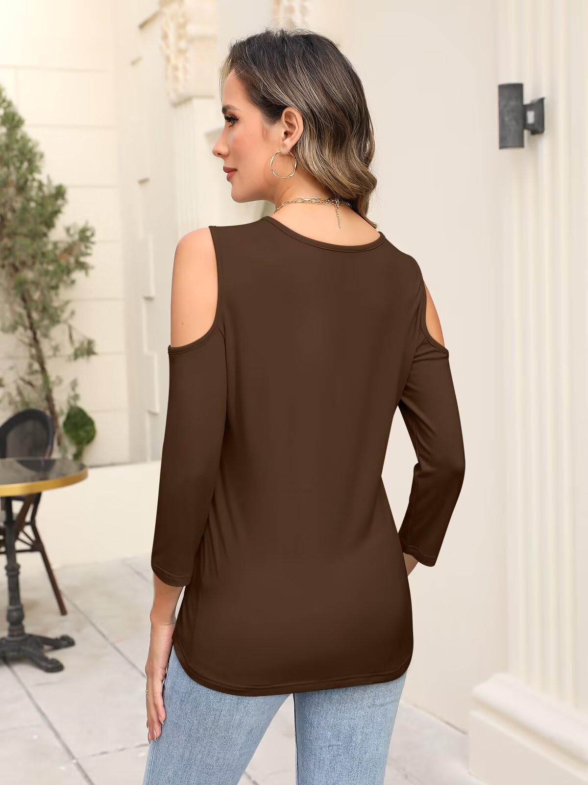 Women's V Neck 3/4 Sleeve Shirts Cold Shoulder Tops Basic Summer Tees