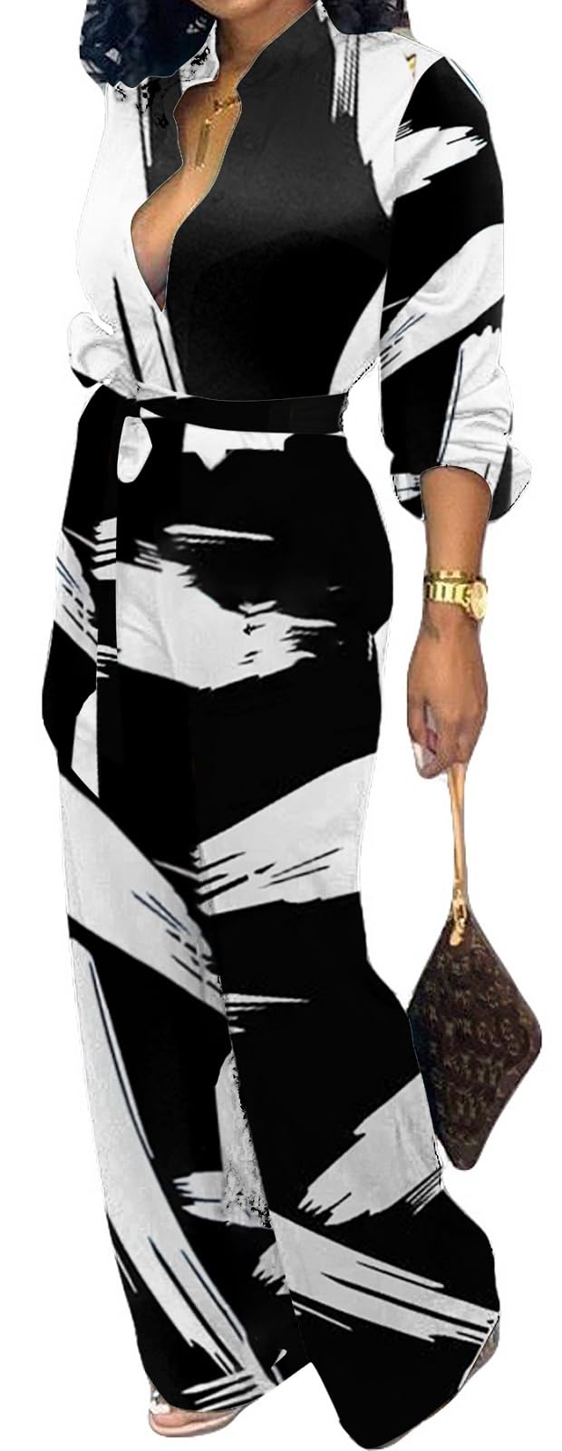 ElegantCasual Button Down V Neck Long Sleeve Sexy Black White Print Strap Straight Long Pants Rompers With Pockets