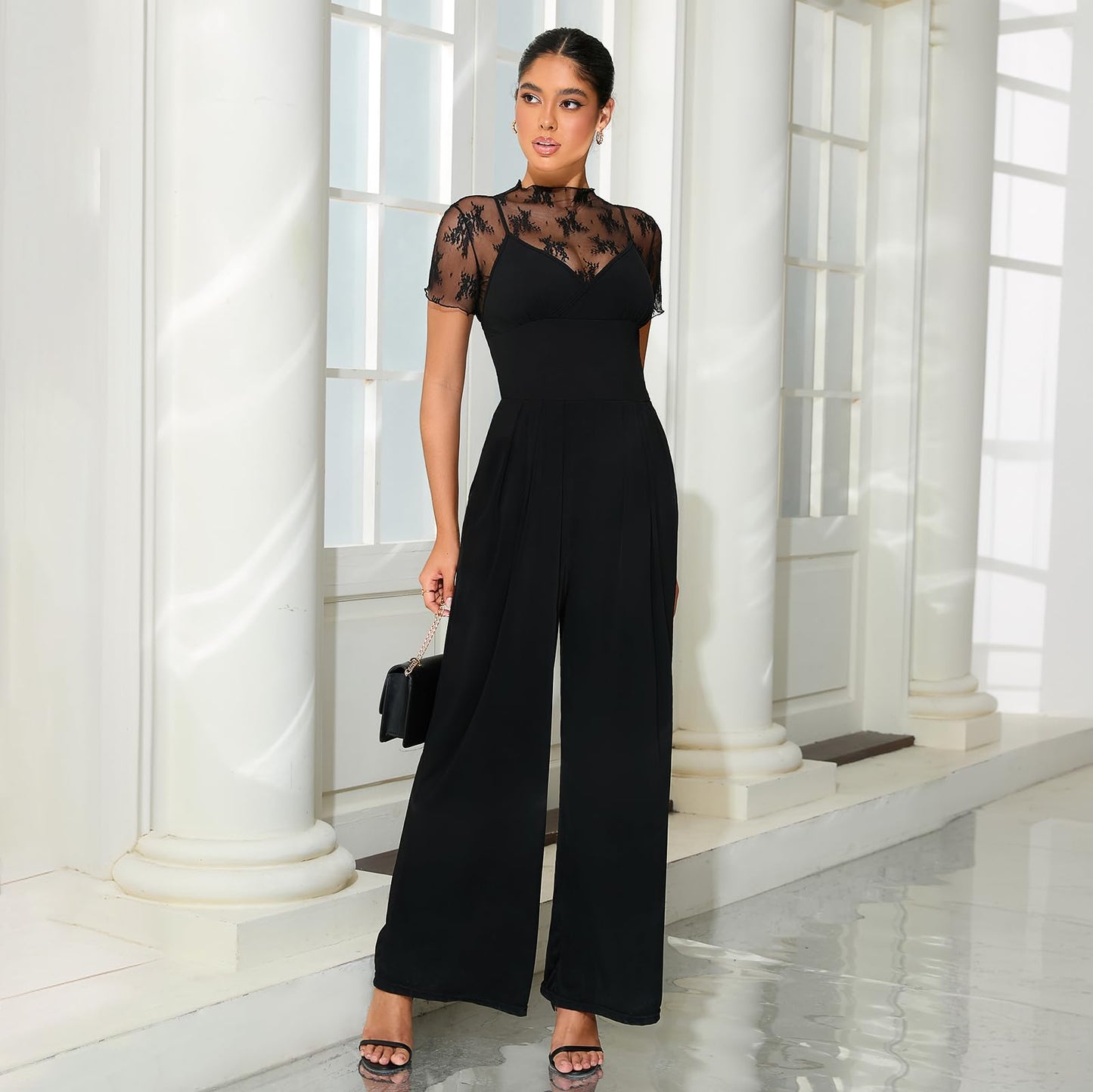 Two Piece Set – Lace Tops & Sleeveless Wide-Leg Pants, Elegant Black Jumpsuit
