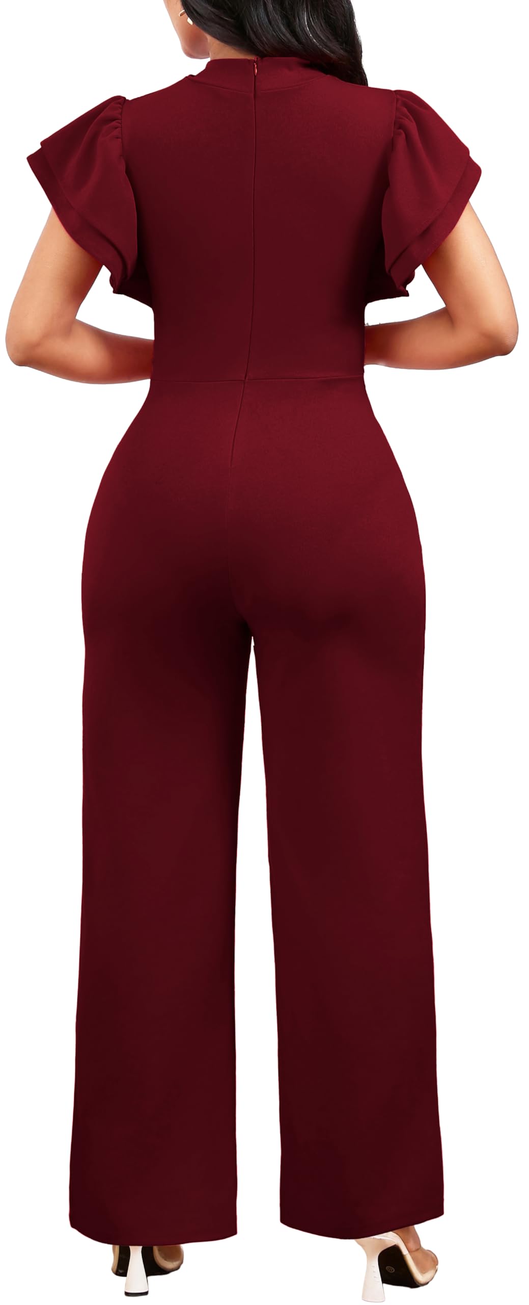 Burgundy Jumpsuits Cocktail Short Sleeve Long Straight Pants