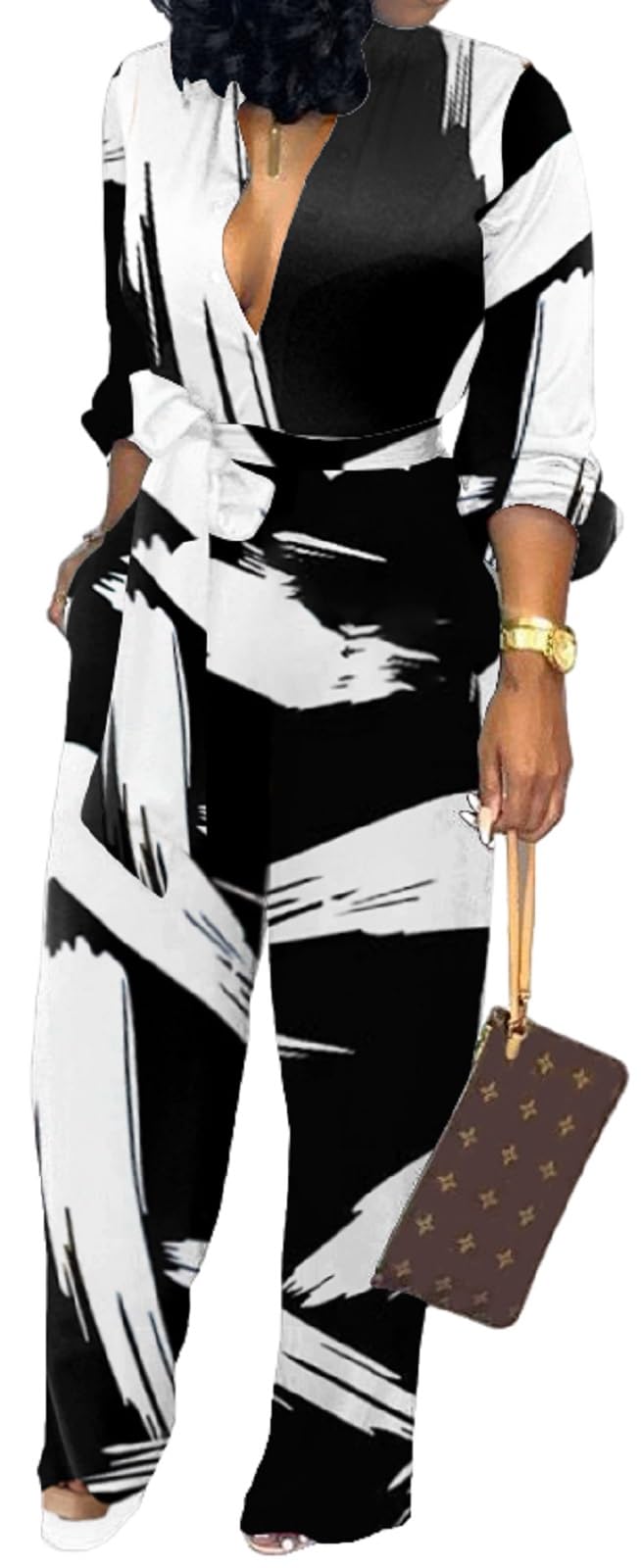 ElegantCasual Button Down V Neck Long Sleeve Sexy Black White Print Strap Straight Long Pants Rompers With Pockets