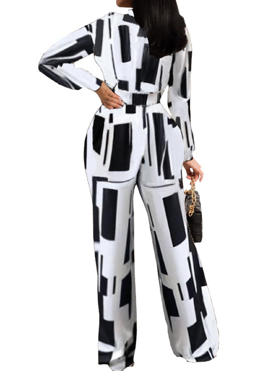 Jumpsuit Elegant Long Sleeve Sexy V Neck Casual Long Wide Leg Pants Button Front Self Tie Romper with Belt