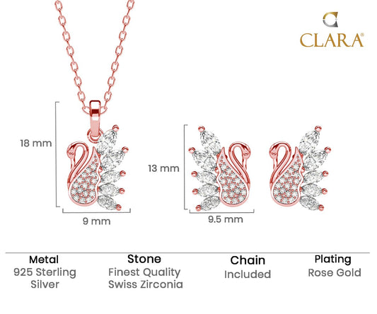 Sterling Silver Dancing Swan Pendant Earrings Chain Necklace Jewellery Set | Rose Gold Plated, Swiss Zirconia