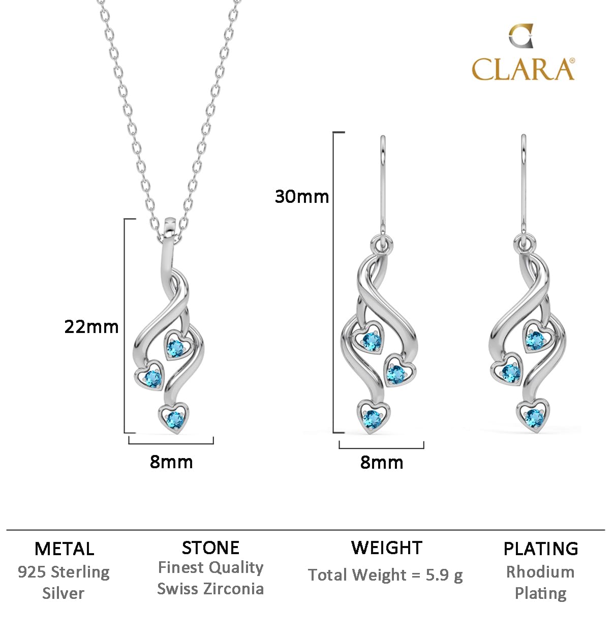 Sterling Silver Valentina Pendant Earring Chain Jewellery Set | Rhodium Plated, Swiss Zirconia