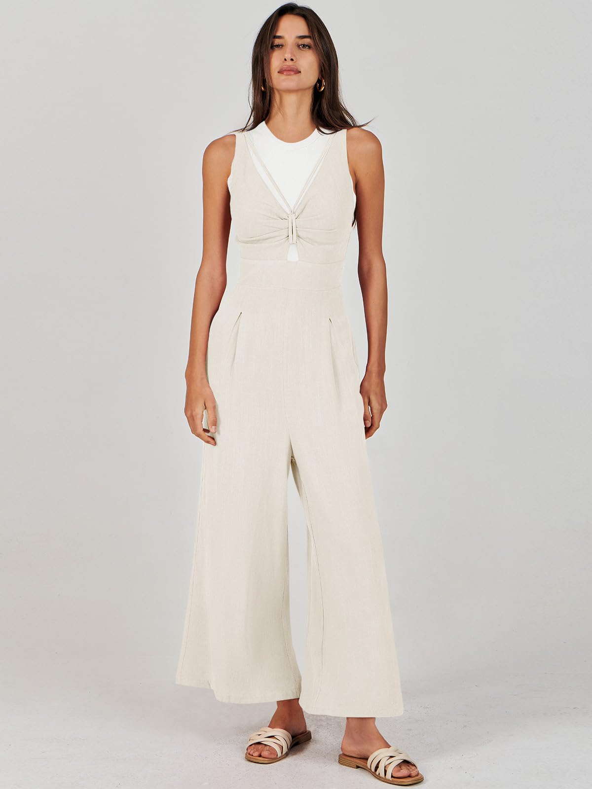 Wide Leg Sleeveless V Neck Casual Dressy Linen Pants