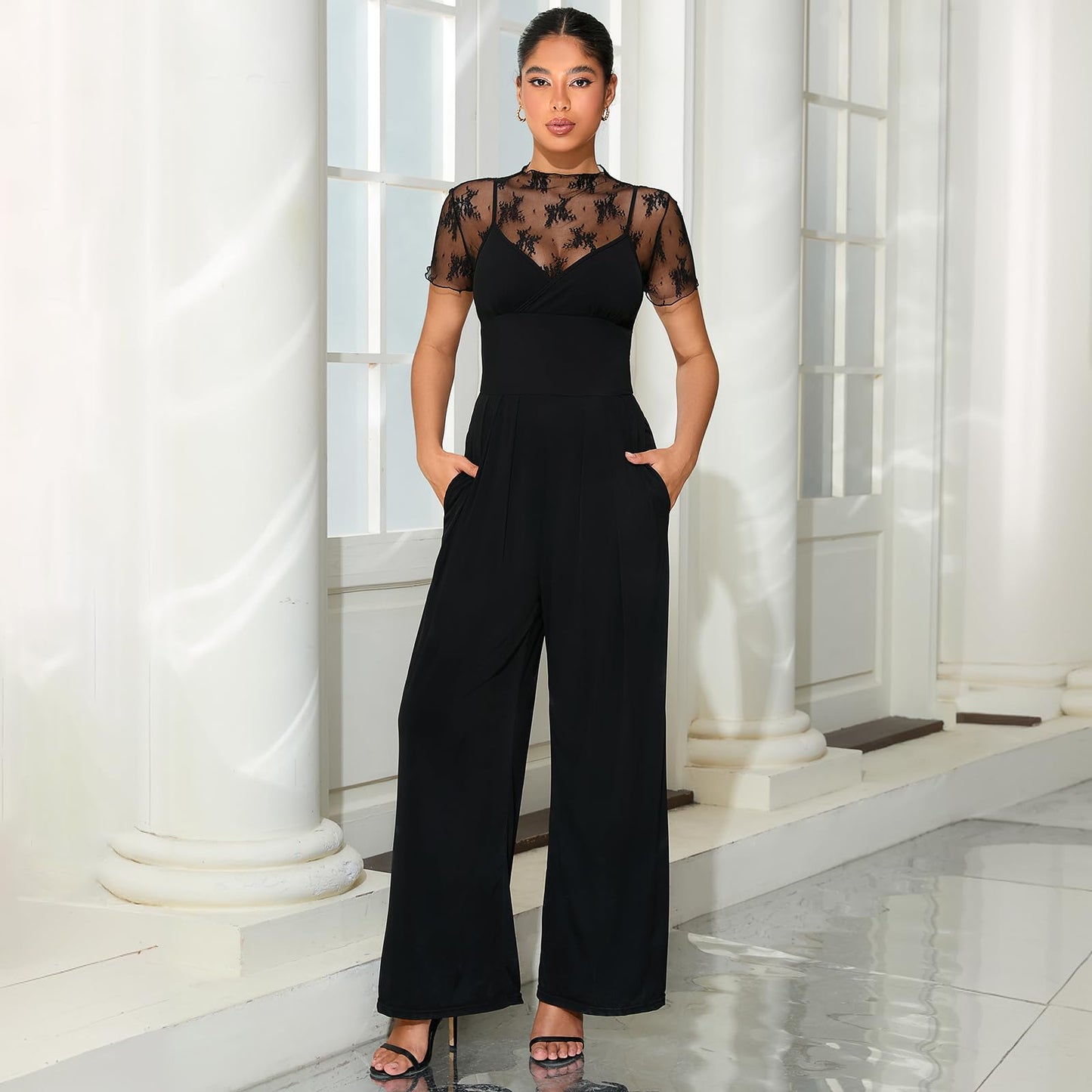 Two Piece Set – Lace Tops & Sleeveless Wide-Leg Pants, Elegant Black Jumpsuit