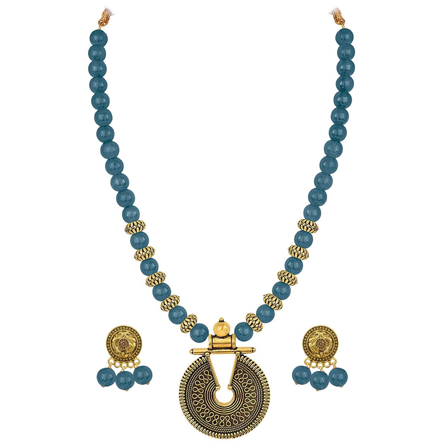 Gold Mint Green Beaded Necklace set Keyhole pendant design adjustable length designer set