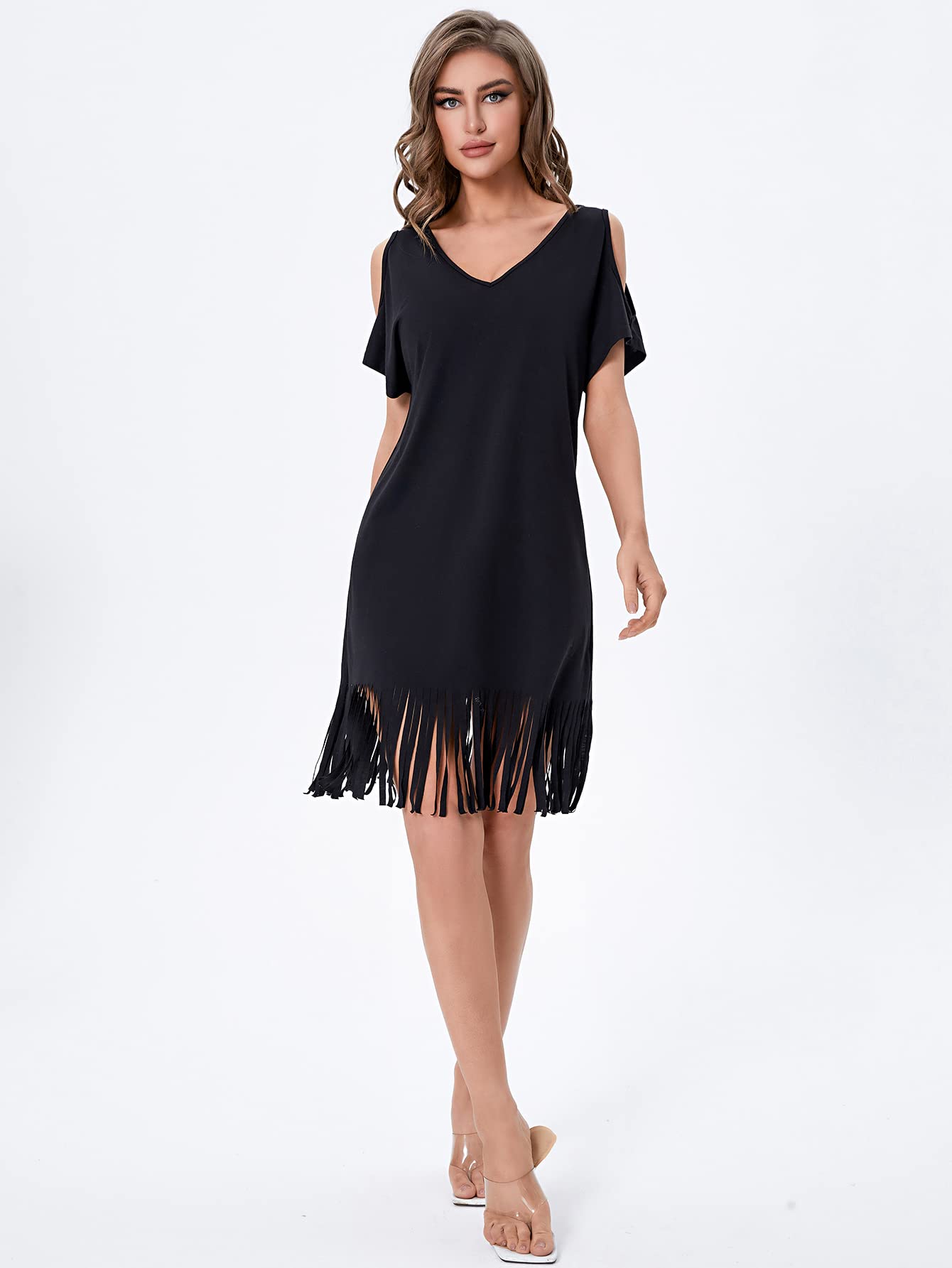 Cold Shoulder V Neck Fringe Hem Straight Dress Without Belt