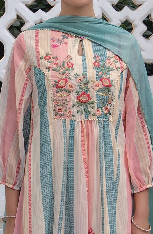 Cream Flowy Embroidered Kurti Festive Wedding wear Kurta Set with Dupatta
